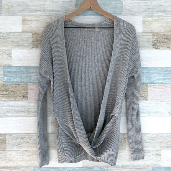 Zella Wrap Sweater Gray Ribbed Surplice V Neck Soft Cotton Blend Womens XXS - Picture 2 of 10